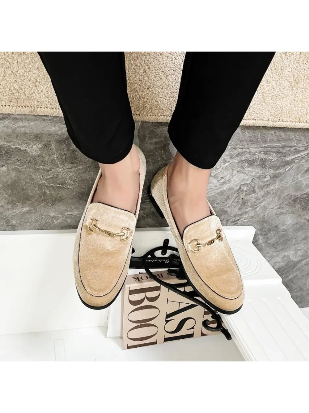 LCQL Men's Khaki Leather Velvet Loafer Gold Buckle Slip On Comfortable Shoes